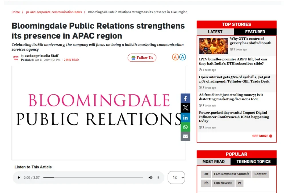 Bloomingdale Public Relations strengtherns its presence in APAC region