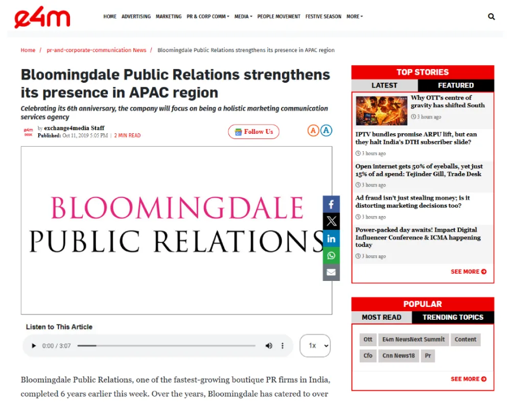 Bloomingdale PR strengtherns its presence in APAC region | BloomingdalePR